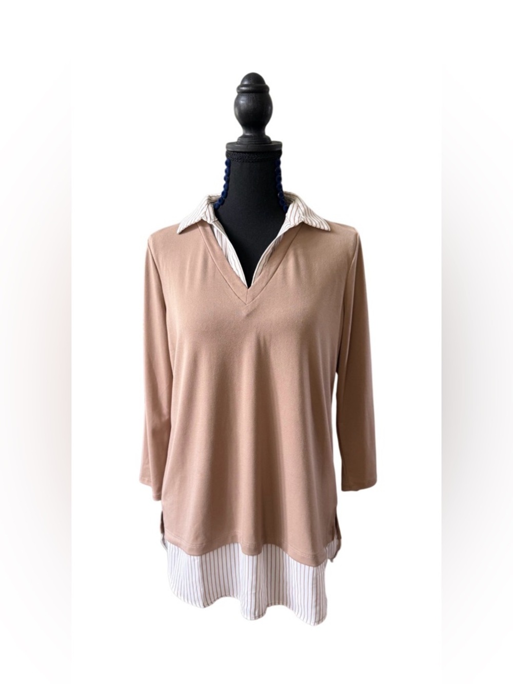Layered V-Neck Blouse with Shirt Hem - Taupe